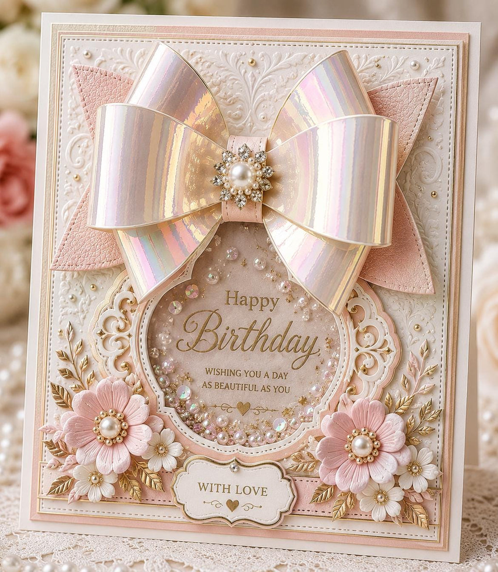 Elegant birthday card with oversized iridescent bow, floral corners, and shaker window