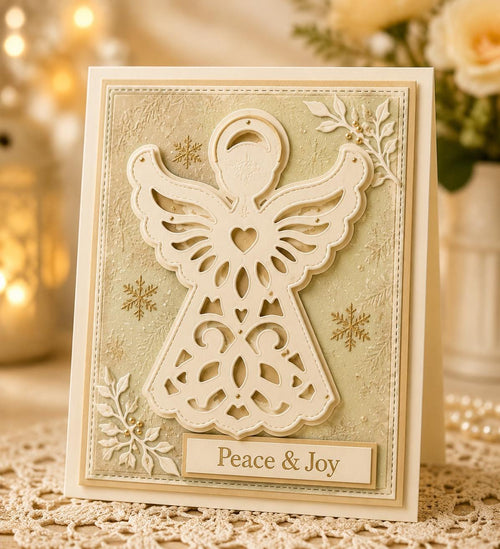 White angel die-cut Christmas card with Peace and Joy greeting