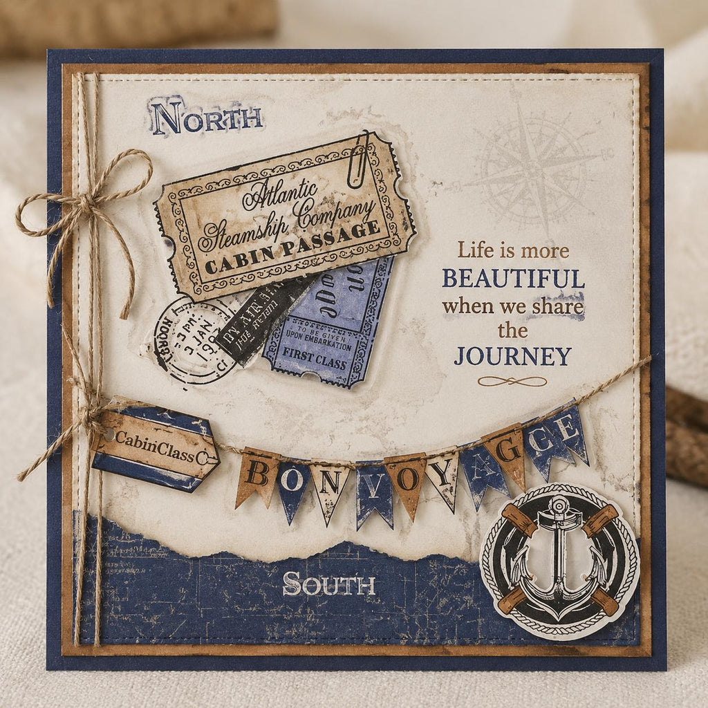 Vintage travel card with cabin passage tickets, compass, anchor, and Bon Voyage banner