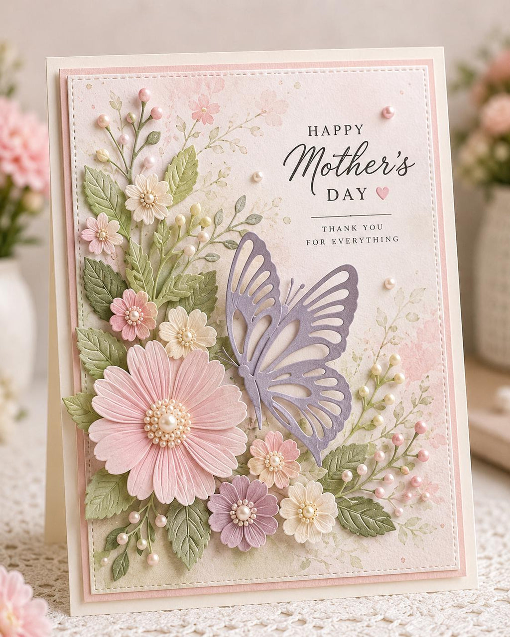 Mother's Day card with lavender butterfly die cut, pink flowers, and pearl accents