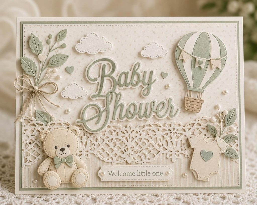 Baby shower card with teddy bear, hot air balloon, baby bodysuit, and Welcome Little One greeting