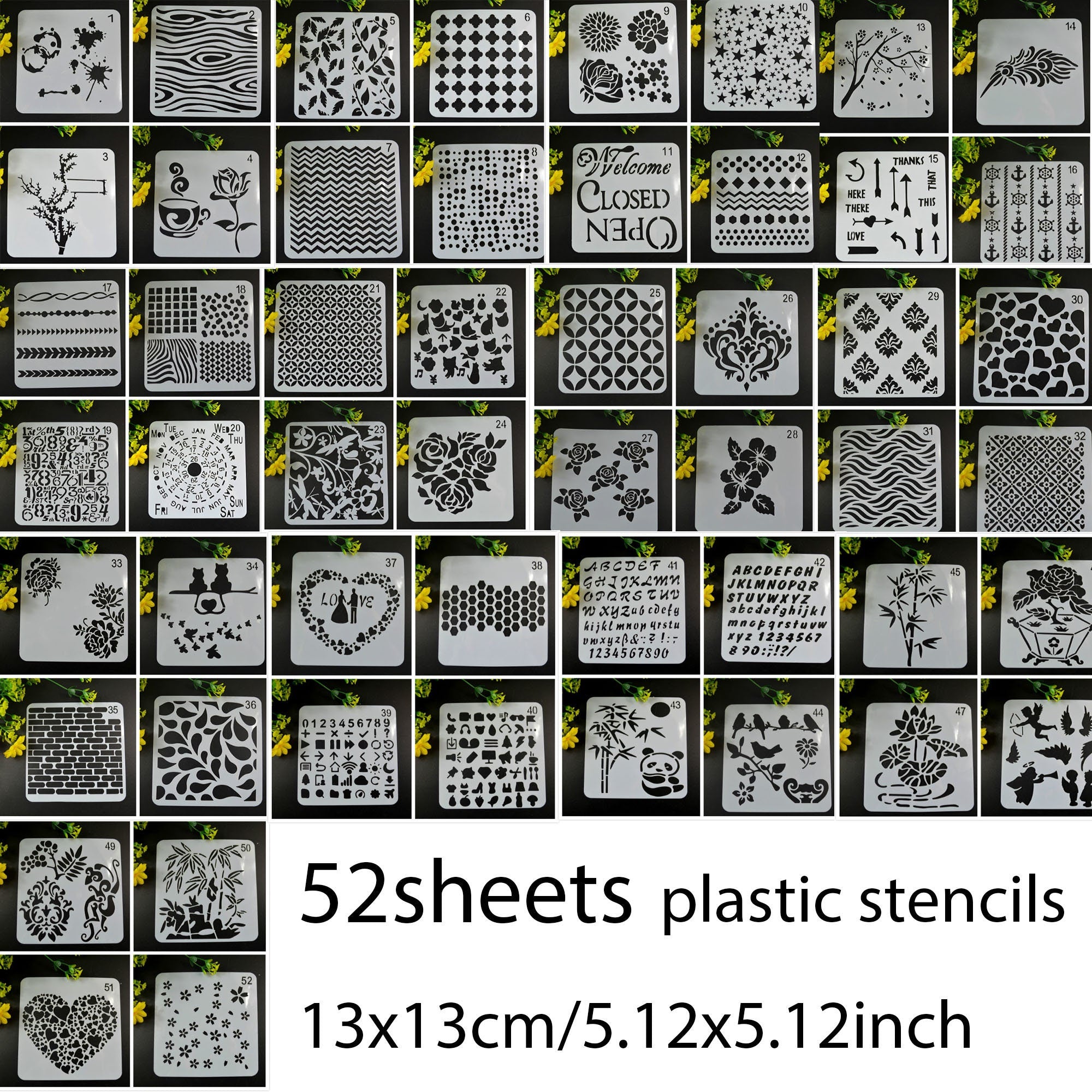 52 Sheet Stencil Set for Journals, Scrapbooks & DIY Art Projects, Reusable PET Plastic Templates