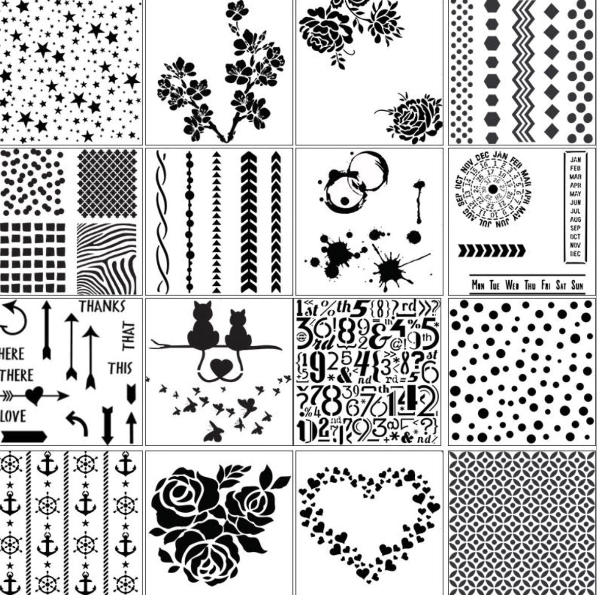 16 Sheet Journal Stencils | 13x13cm DIY Drawing Template