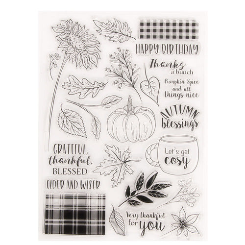Clear autumn stamp sheet with sunflower, leaves, pumpkin, plaid, and fall sentiments