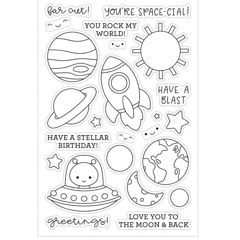 Space Scrapbooking Clear Stamp Set: Planets, Rocket, Greetings (11x16cm)