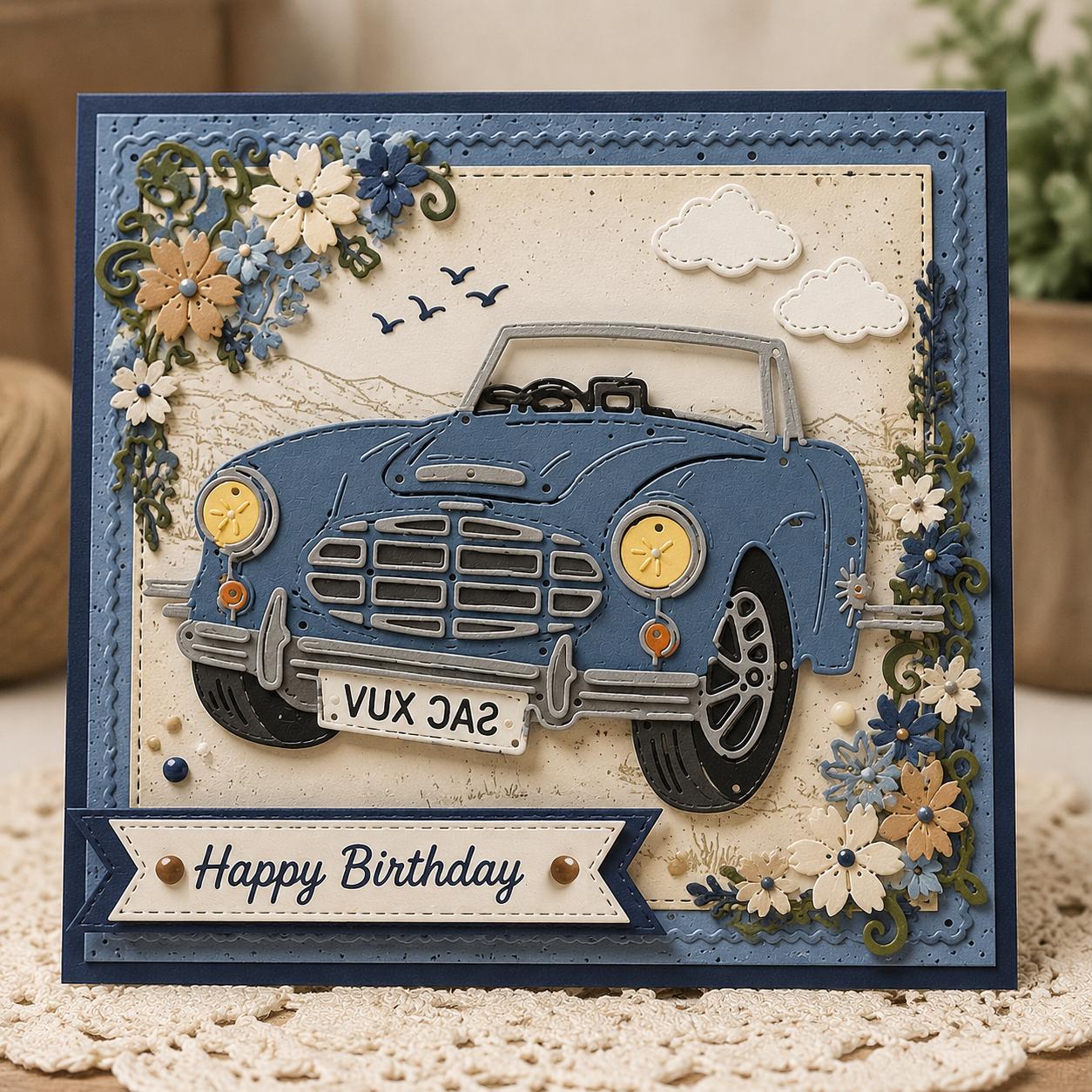 Car with Flower Frame Metal Die Cut | Scrapbooking Card Making