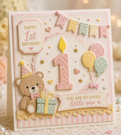 First birthday card with pink number one candle, teddy bear, balloons, and gift box