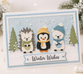 Winter card with hedgehog, penguin, and polar bear in scarves