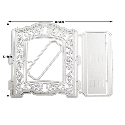 Ornate folding card frame metal cutting die with 18.6 cm width shown