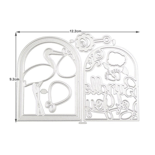 Baby stroller metal cutting die with 12.2 cm by 9.2 cm dimensions shown