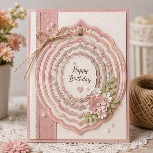 Pink layered frame birthday card with floral paper embellishments and twine bow