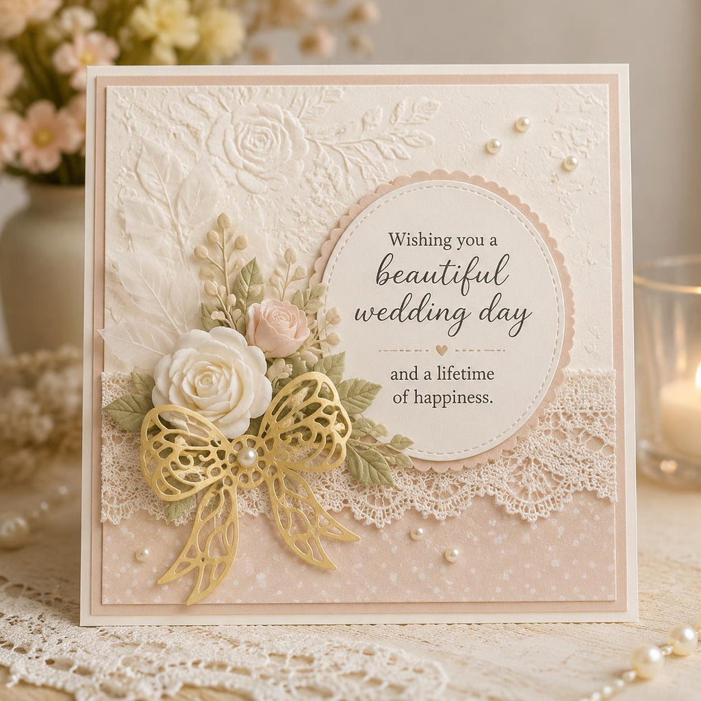 Wedding card with pearlescent bow, roses, lace, and wedding day greeting