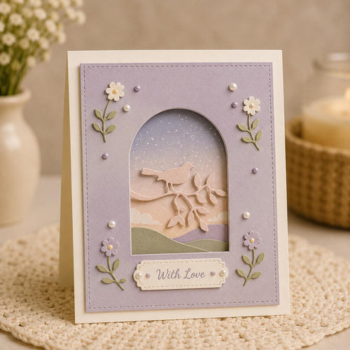 Lavender card with arched window, bird on leafy branch, flowers, and with love greeting