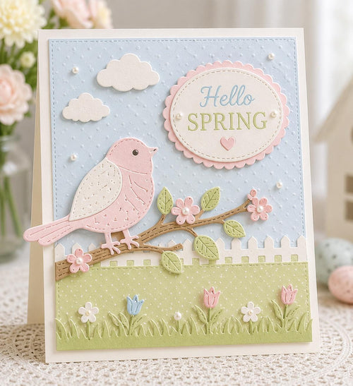 Pastel spring card with a bird on a flowering branch and Hello Spring greeting