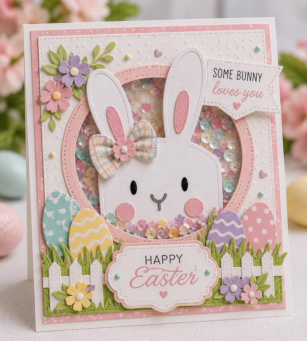Easter shaker card with white bunny head, pastel eggs, flowers, and Happy Easter greeting