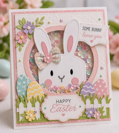 Easter shaker card with white bunny head, pastel eggs, flowers, and Happy Easter greeting