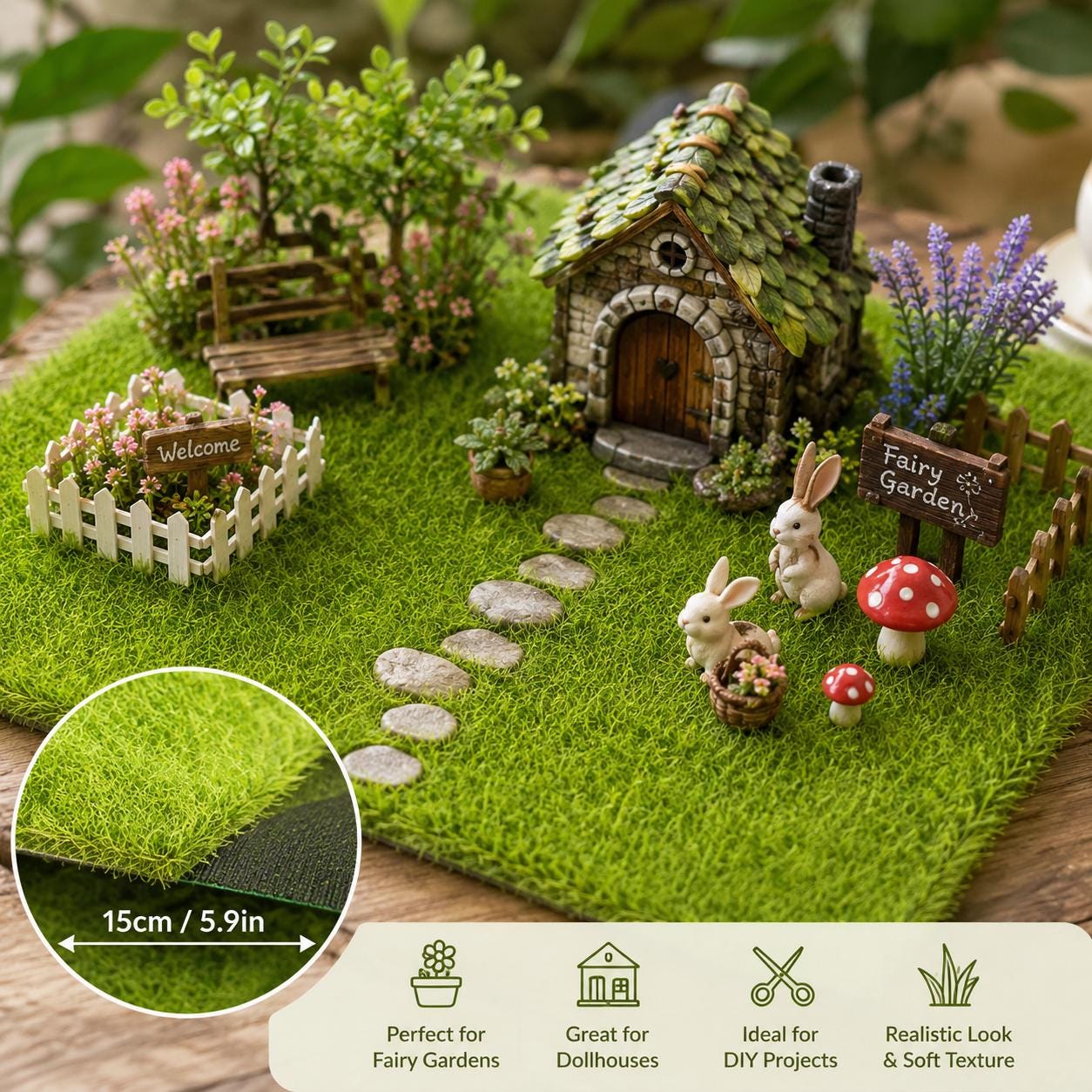 Miniature Grass Mats, Realistic Fairy Garden Landscape Supply (Set of 4)6*6In