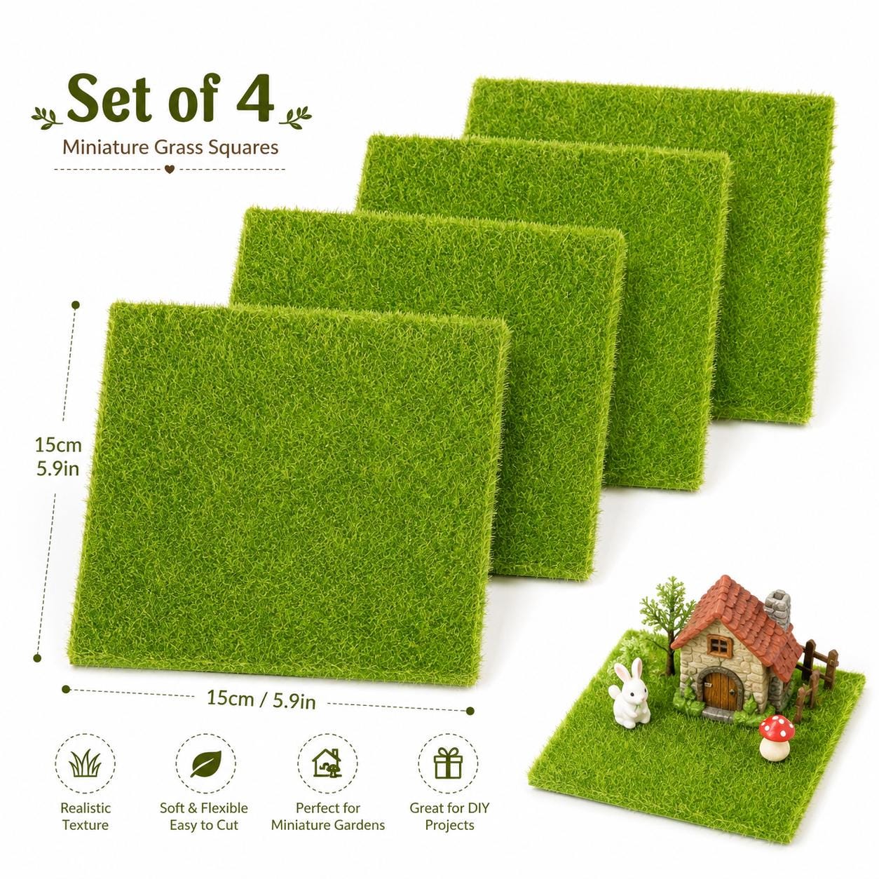 Miniature Grass Mats, Realistic Fairy Garden Landscape Supply (Set of 4)6*6In