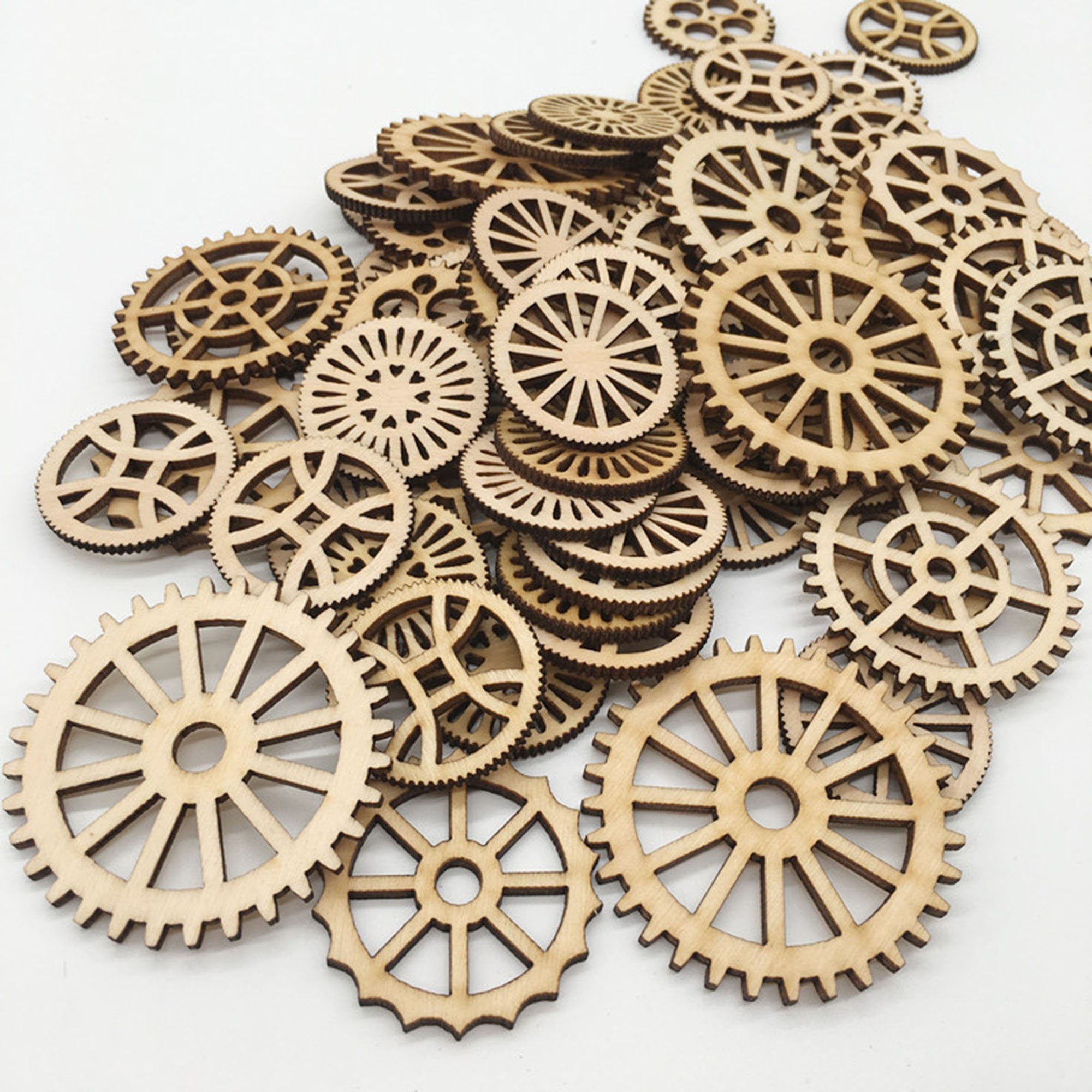 50 Mixed Wooden Gear Wheels for Crafts and Model Making