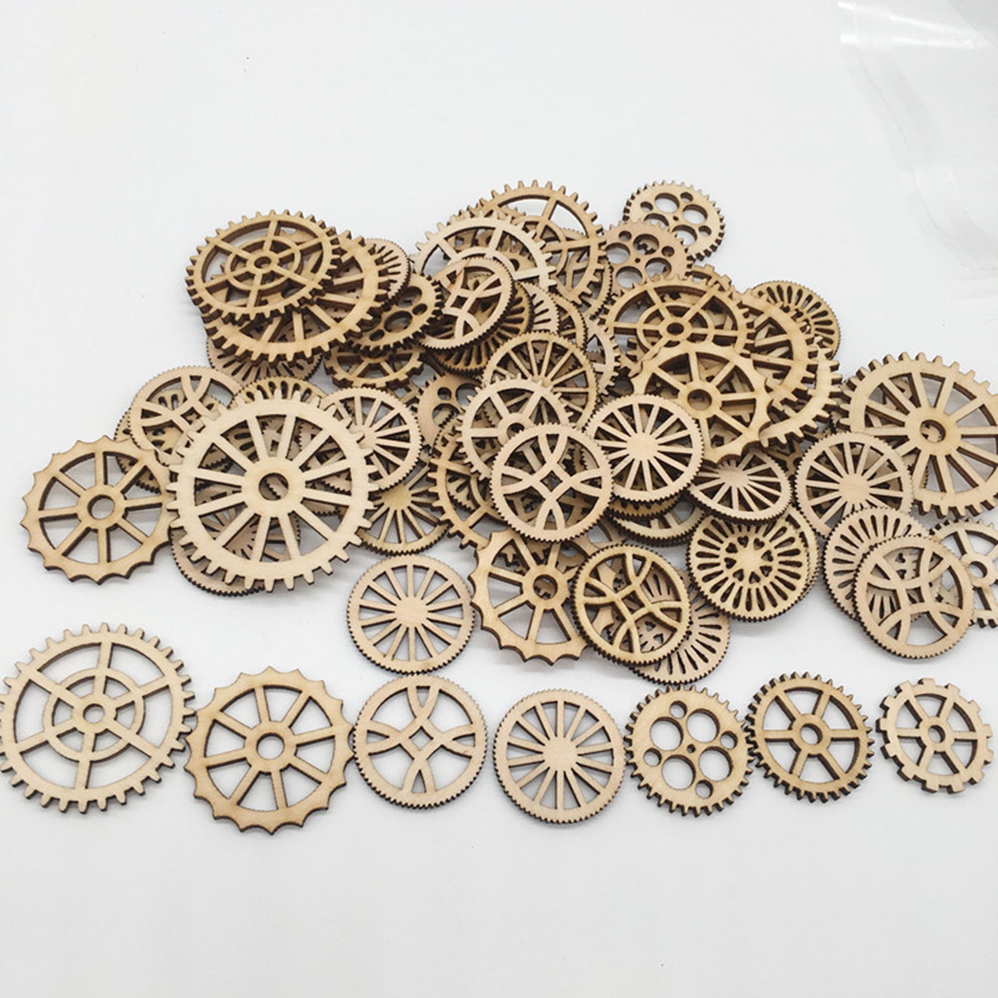 50 Mixed Wooden Gear Wheels for Crafts and Model Making