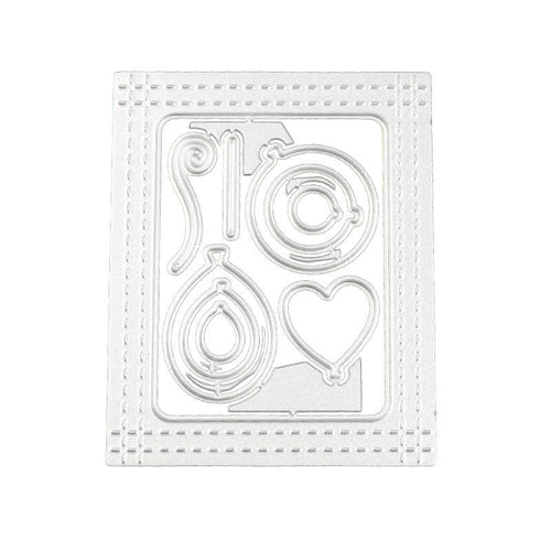 Metal die set with balloon, circular frames, heart, and stitched rectangular border