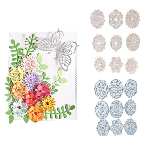 Flower petal metal cutting die set beside colorful layered paper flower card
