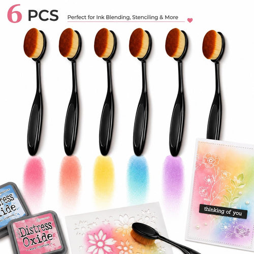 Six black-handled ink blending brushes with colorful stencil and card examples