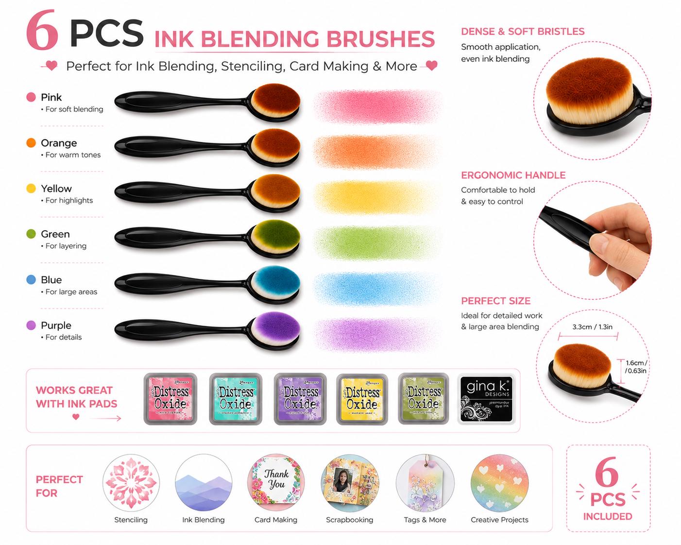 6 Craft Ink Blending Brushes / Black handle Broad Application/ Crafter Color Blend brushes