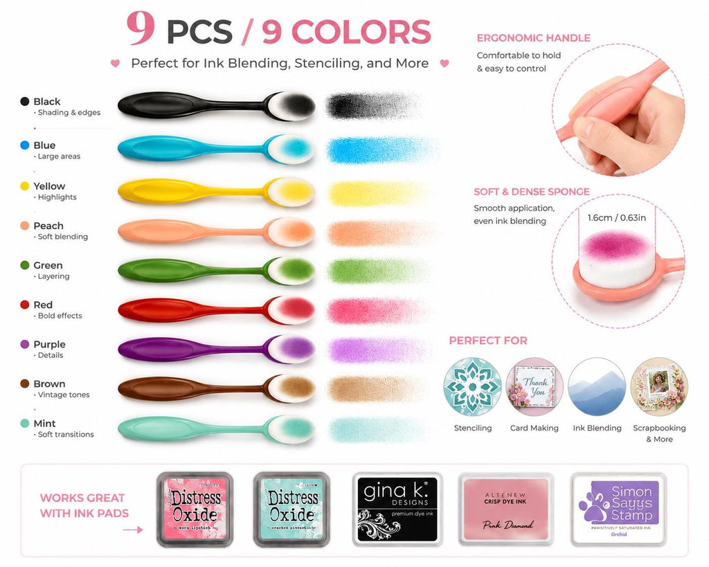 9 Ink Blending Brushes with Soft Nylon Heads for Paper Crafts