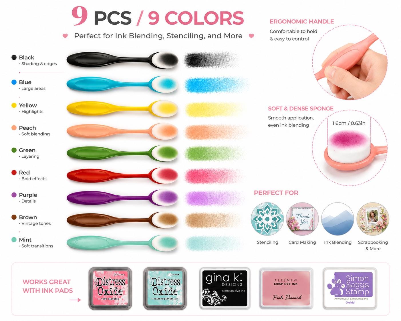 9 Ink Blending Brushes with Soft Nylon Heads for Paper Crafts