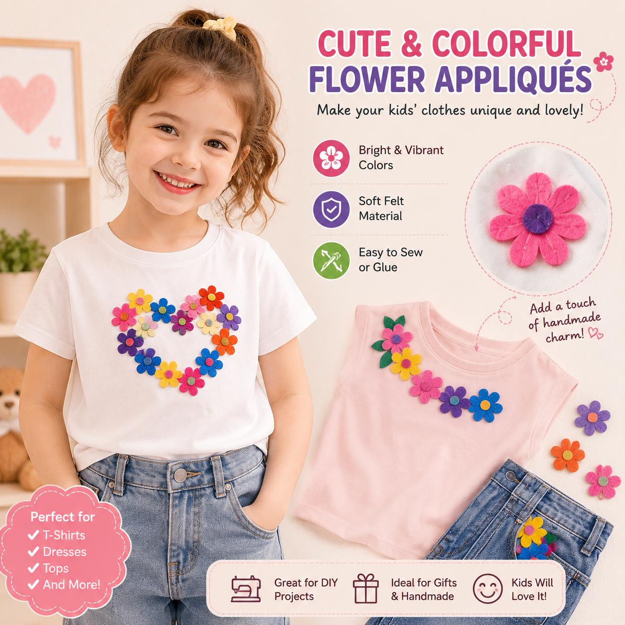 Mixed Color Felt Flowers, Fabric Appliques for Crafts, Hair Clips, Scrapbooking