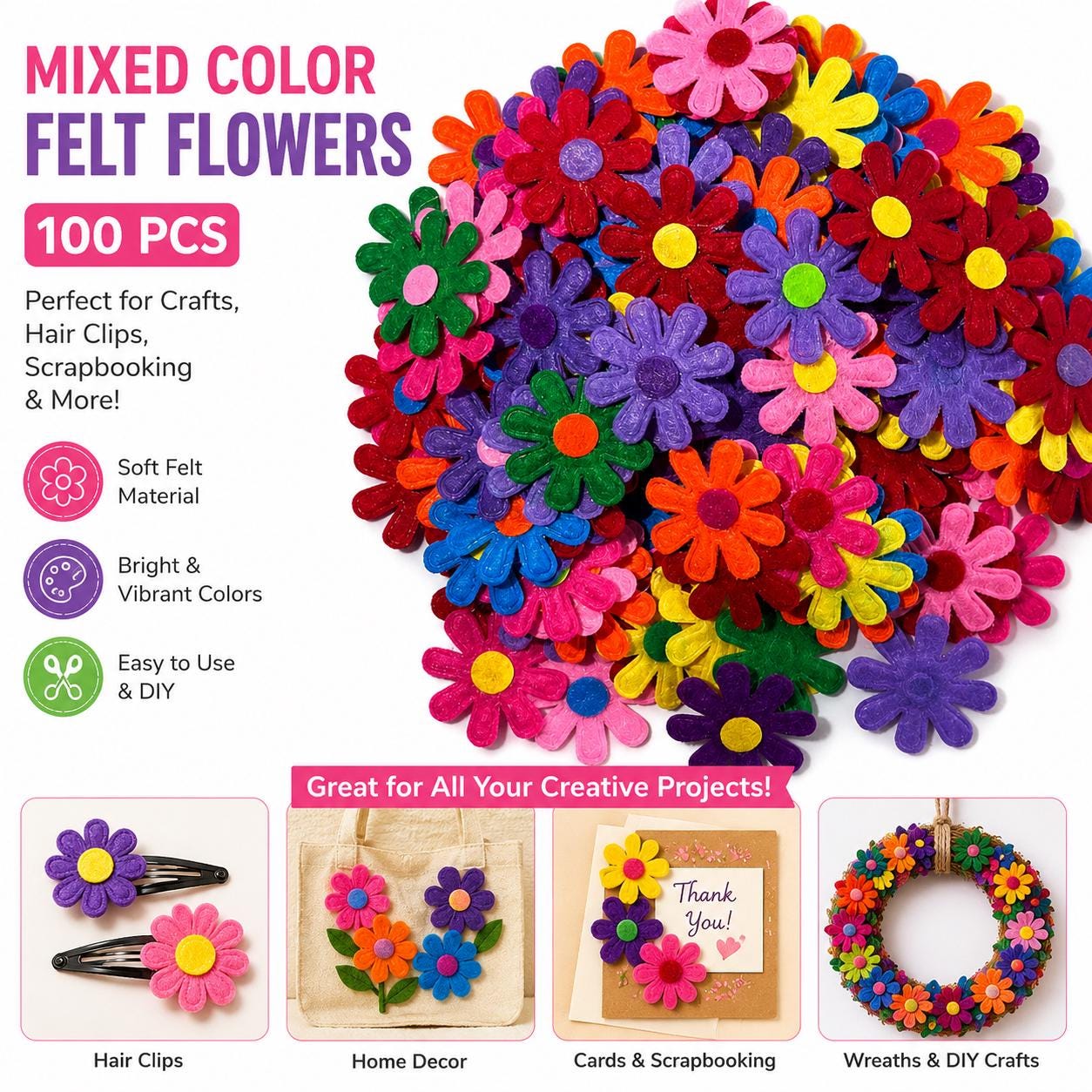 Mixed Color Felt Flowers, Fabric Appliques for Crafts, Hair Clips, Scrapbooking