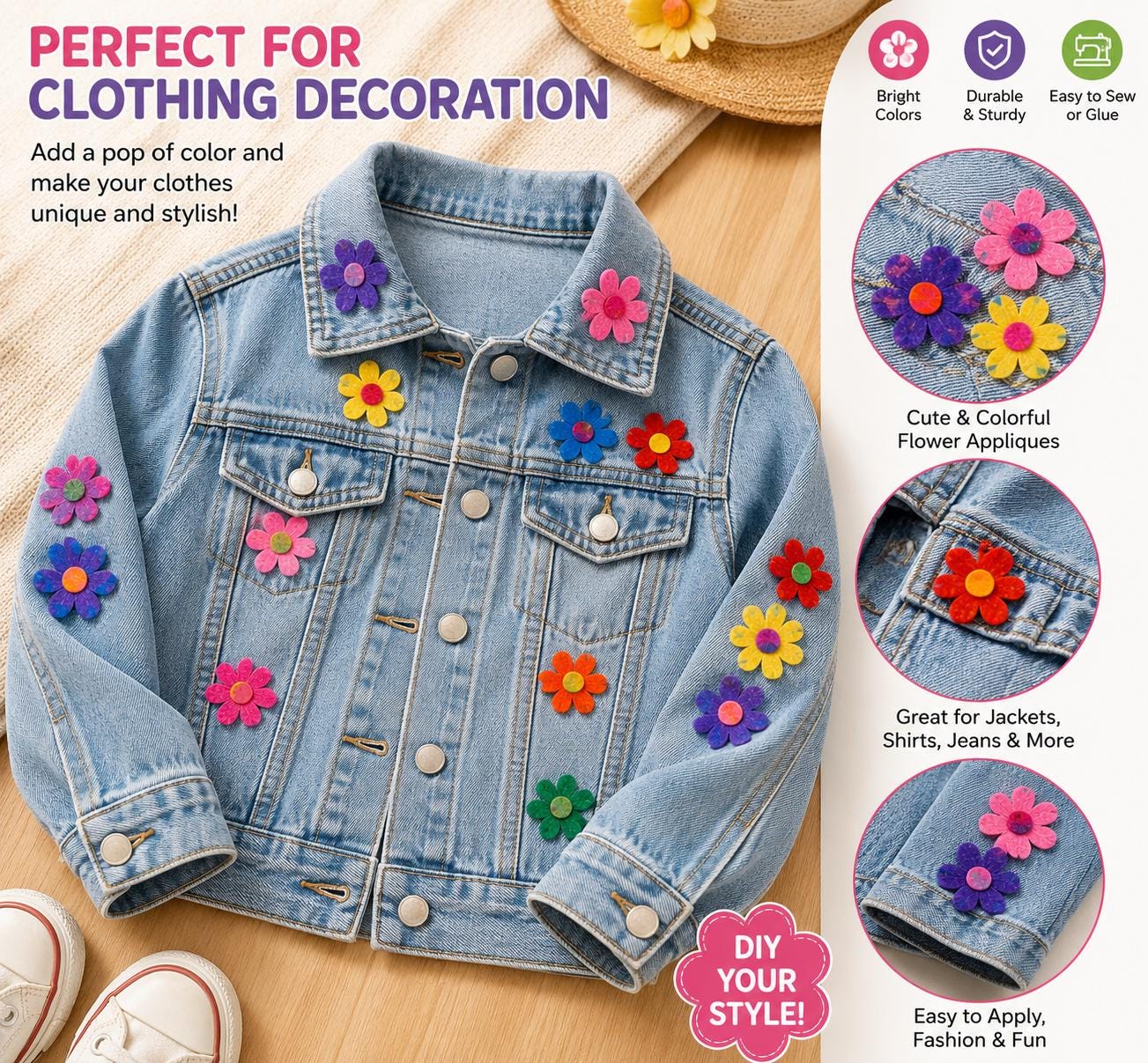 Mixed Color Felt Flowers, Fabric Appliques for Crafts, Hair Clips, Scrapbooking