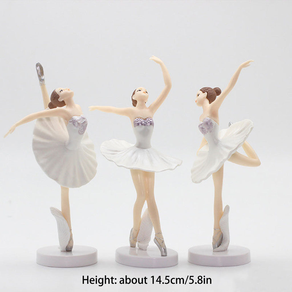 Three white porcelain ballerina figurines with purple accents. Each figurine is about 14.5 inches tall and is posed in a different ballet position.  Height: about 14.5cm/5.8in