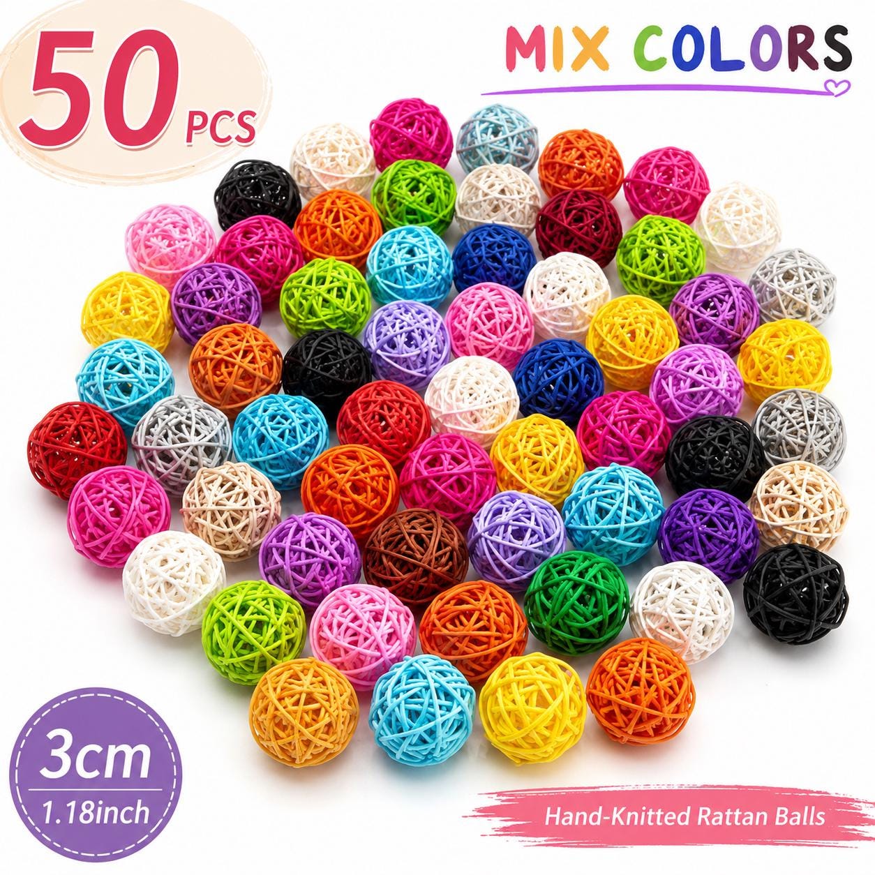50 Mixed Color Rattan Balls, 3 cm Woven Craft Decor