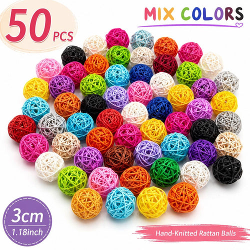 Fifty mixed-color woven rattan balls, 3 cm craft decorations