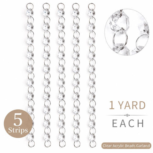Five clear acrylic bead garland strands with circular links, one yard each