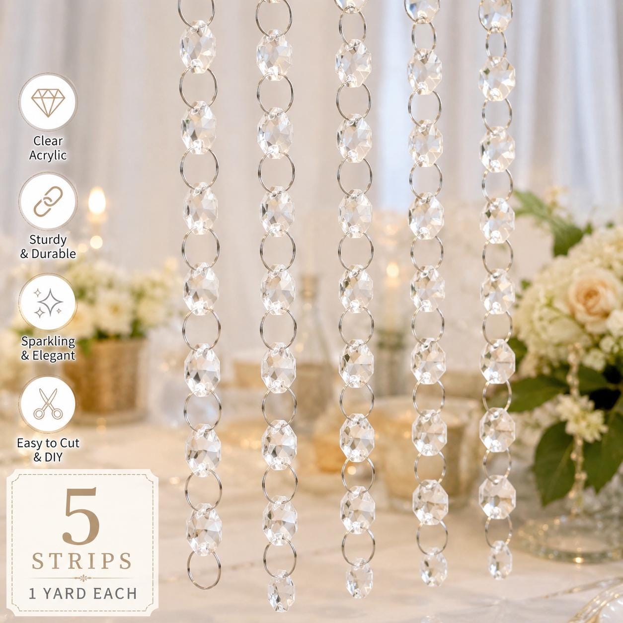 5 Clear Acrylic Bead Garland Strands for Wedding Decor