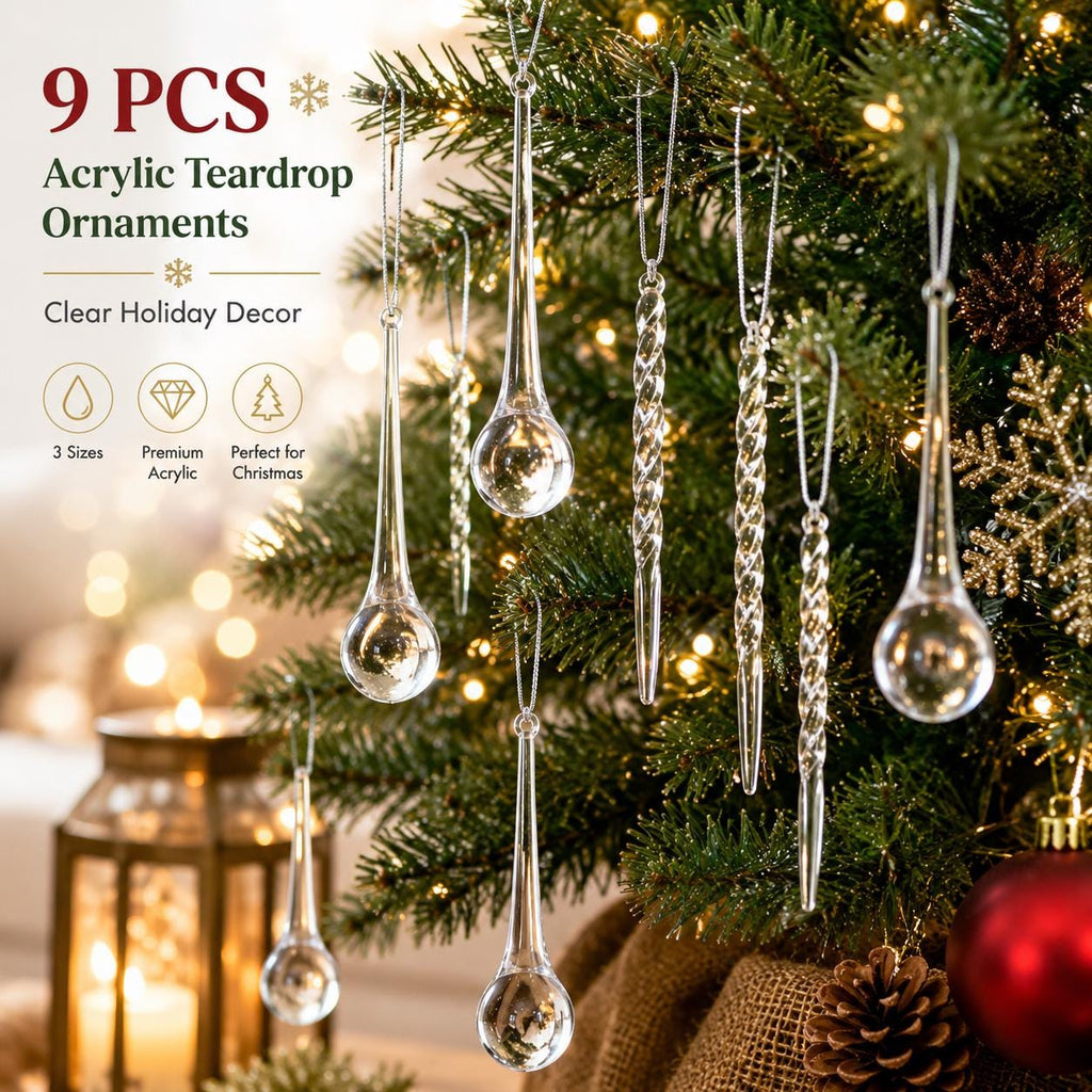 9 Clear Acrylic Teardrop Ornaments for Christmas Decor