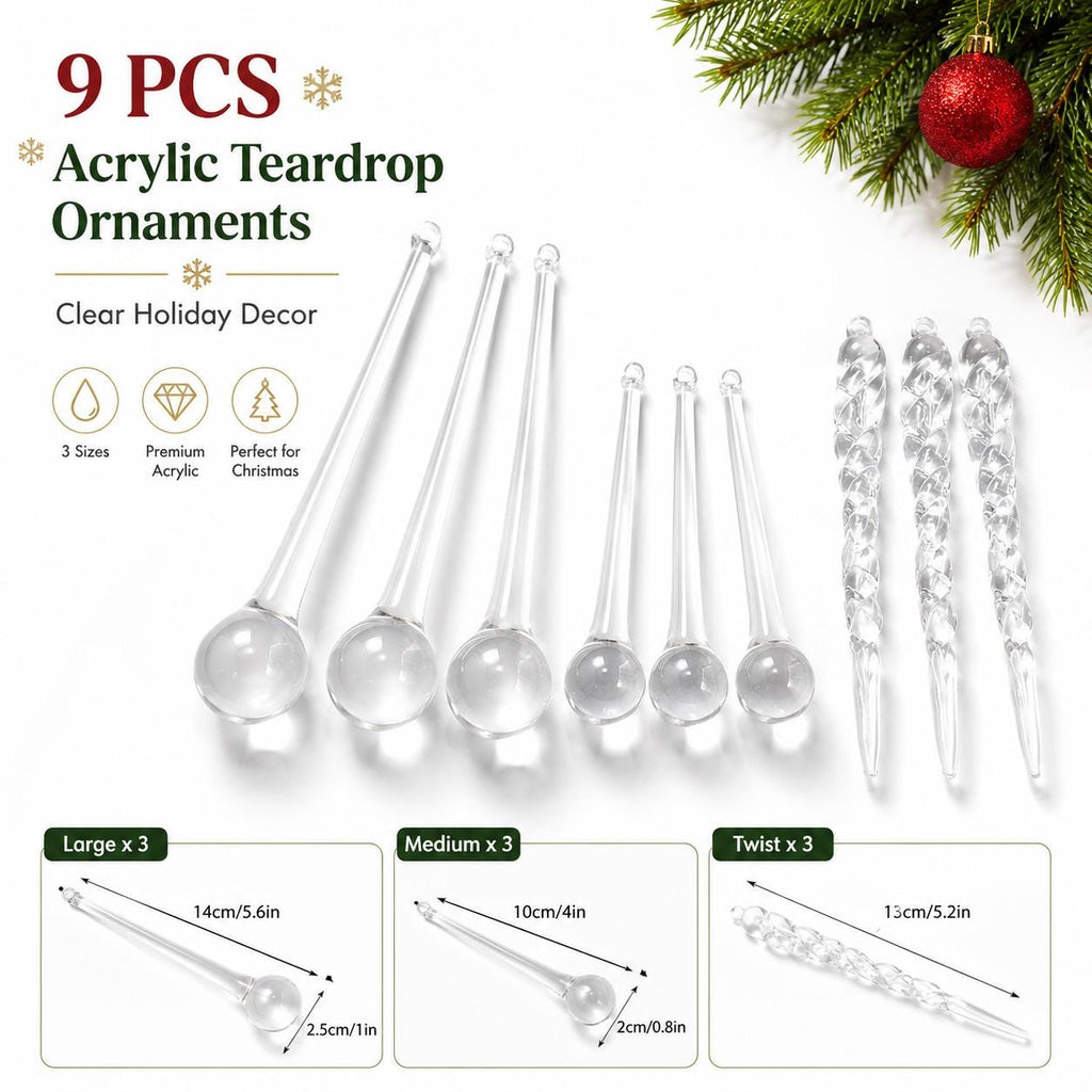 9 Clear Acrylic Teardrop Ornaments for Christmas Decor