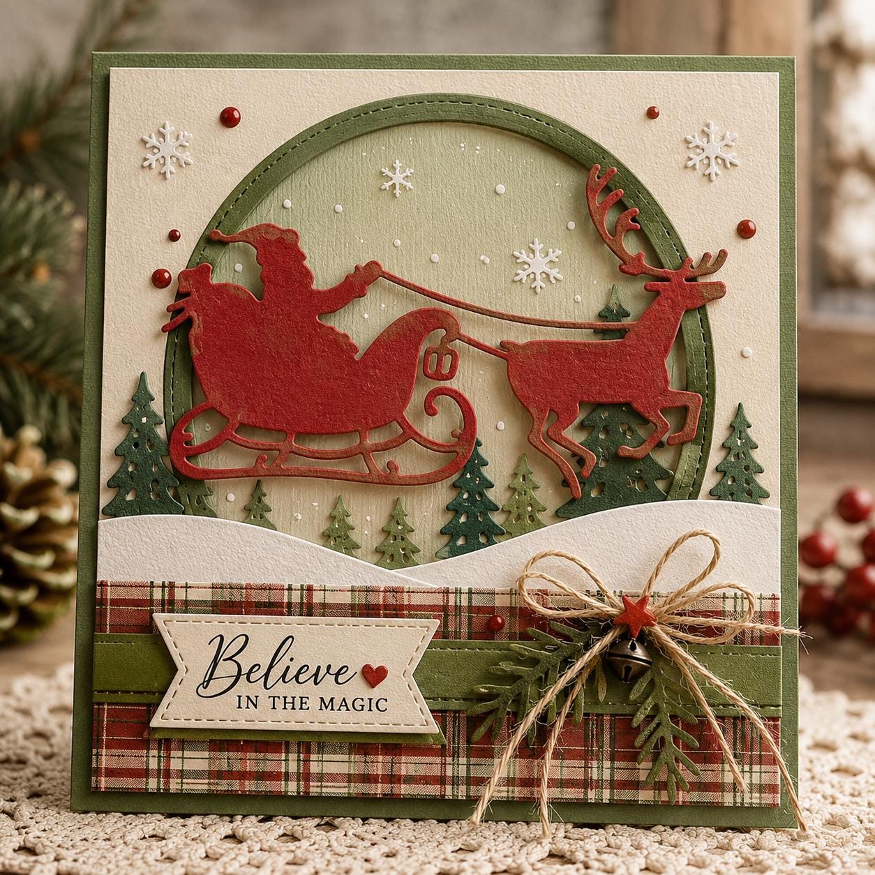 A handmade Christmas card created with metal cutting dies, featuring a red Santa Claus in a sleigh pulled by a reindeer, set against a snowy landscape with pine trees. The card includes the text "Believe in the Magic" and is decorated with a plaid pattern and a small bell.