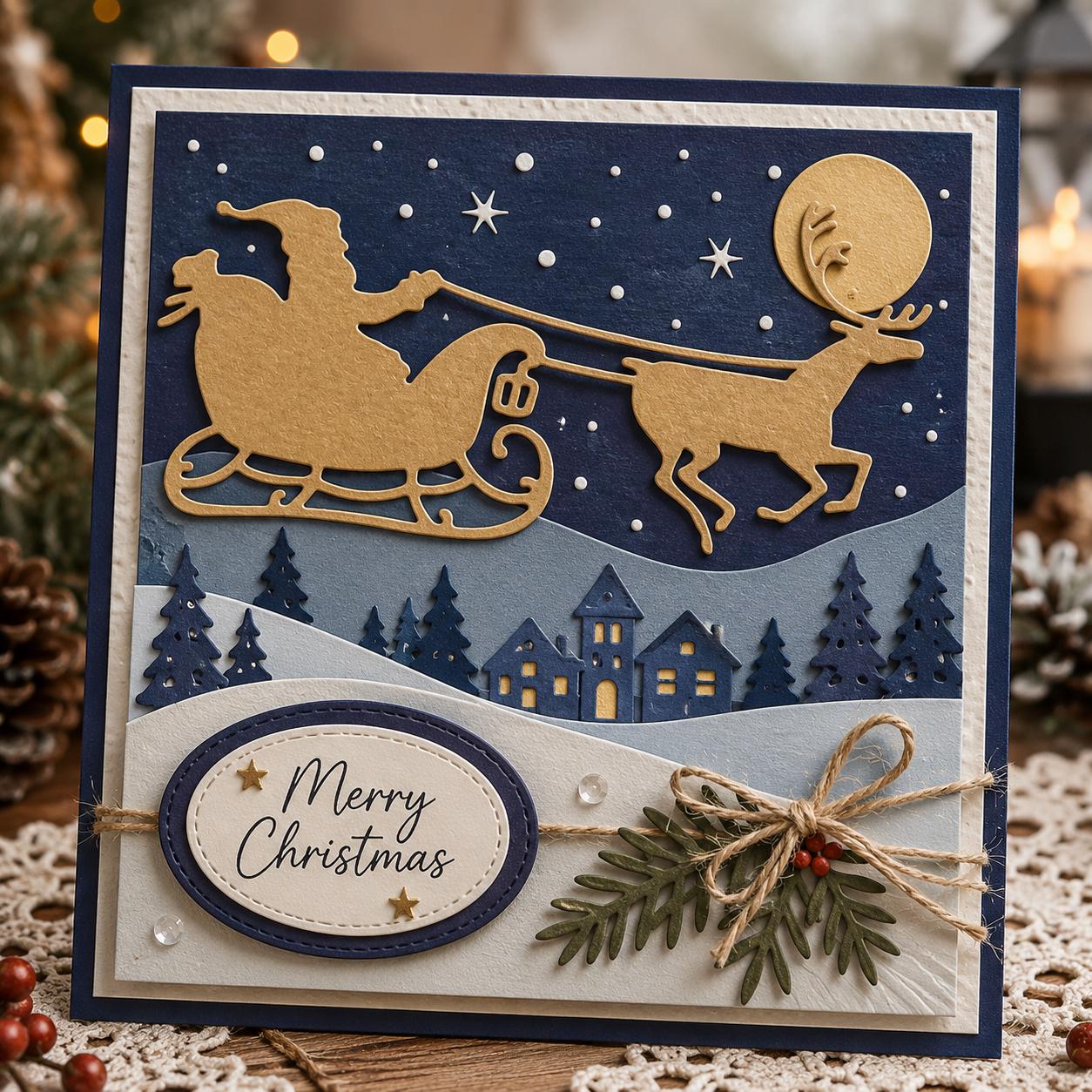 A handmade Christmas card featuring a gold Santa Claus in a sleigh pulled by a reindeer against a starry night sky. The card includes a snowy landscape with houses and trees, and an oval with the text "Merry Christmas".
