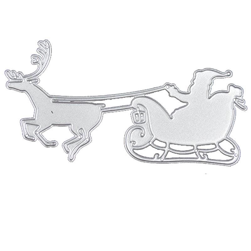 A silver-colored metal die cut of Santa Claus in a sleigh being pulled by a reindeer. The reindeer has large antlers and is in mid-stride. The sleigh has decorative scrollwork.