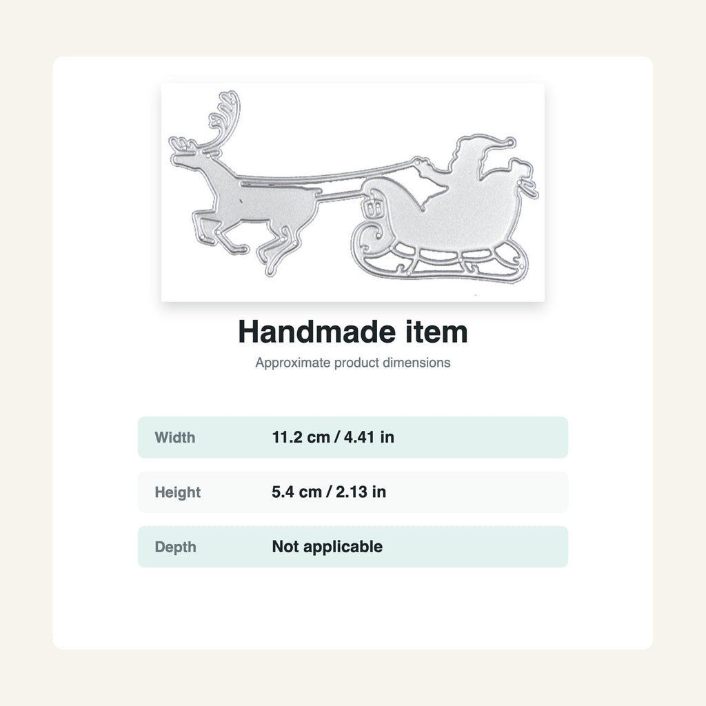 A silver-colored metal die cut of Santa Claus in a sleigh being pulled by a reindeer. The die cut is labeled "Handmade item" with dimensions of 4.41 inches wide and 2.13 inches high.