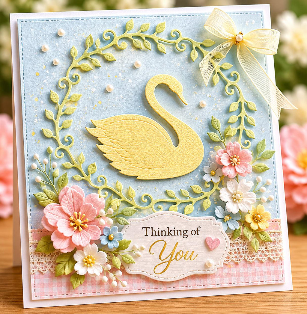 Metal Cutting Die with Cartoon Swan and Floral Frame for Paper Crafting