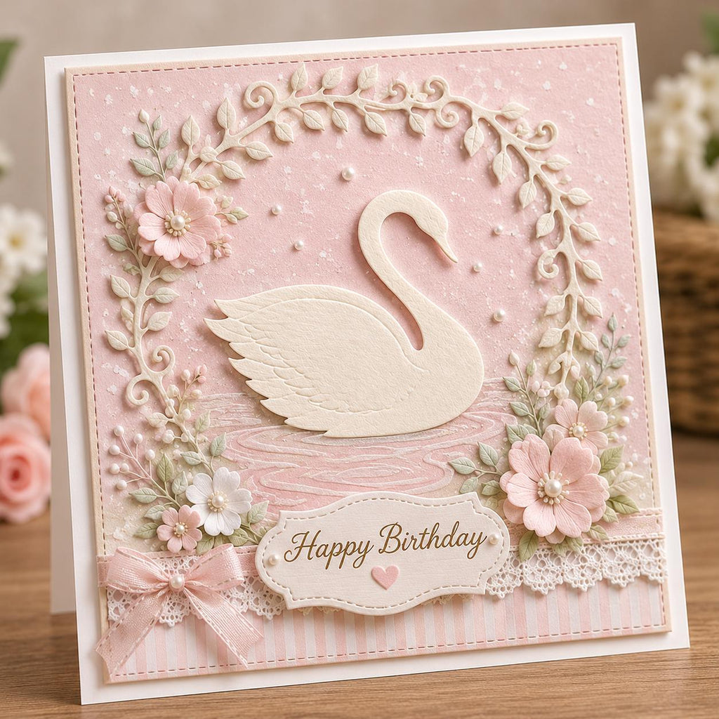 Metal Cutting Die with Cartoon Swan and Floral Frame for Paper Crafting
