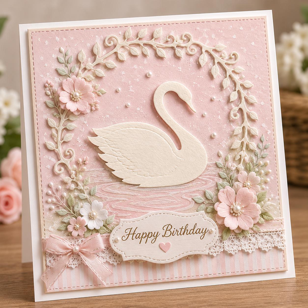 Metal Cutting Die with Cartoon Swan and Floral Frame for Paper Crafting