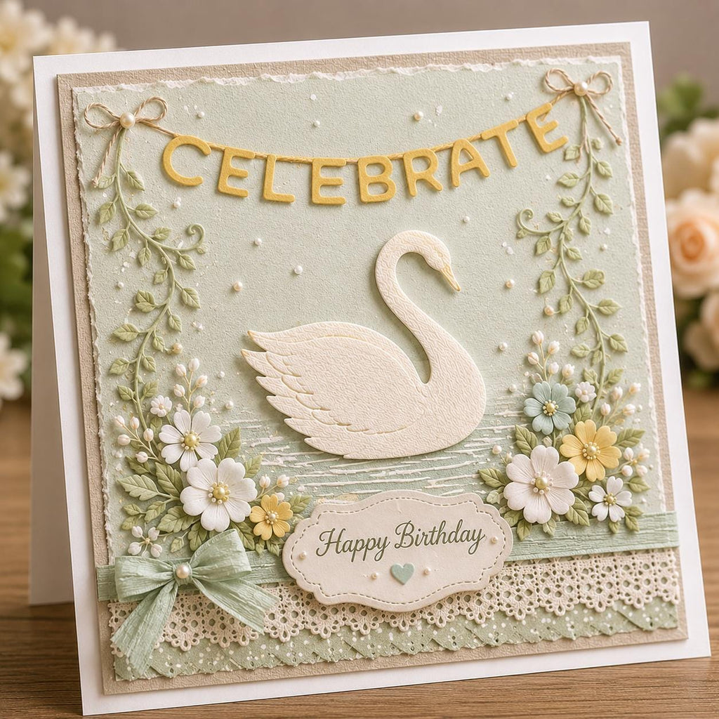 Metal Cutting Die with Cartoon Swan and Floral Frame for Paper Crafting