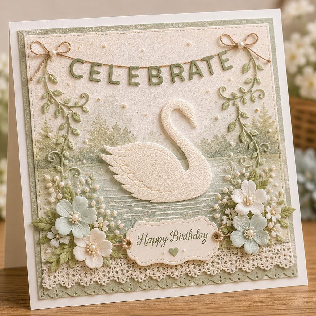 Metal Cutting Die with Cartoon Swan and Floral Frame for Paper Crafting