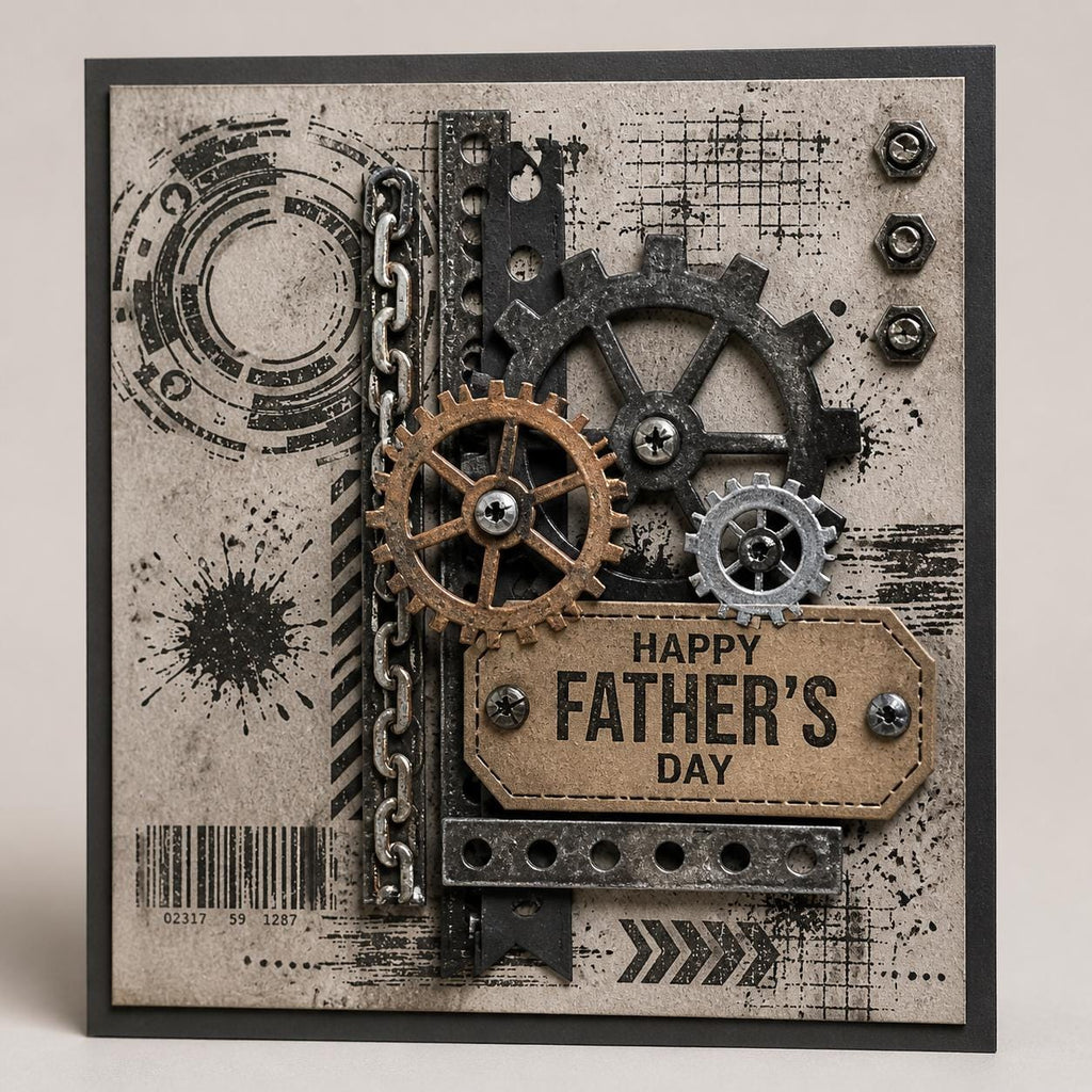 Industrial Grunge Stamp and Die Set, Steampunk Gears, Chains, Tags, Scrapbook Card Making